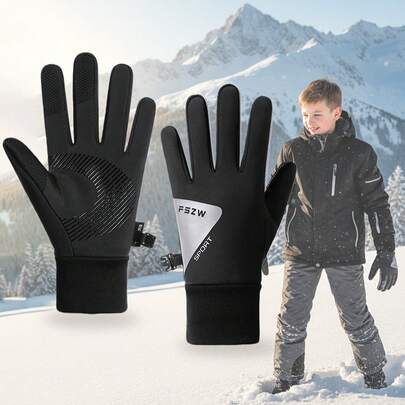 1 双儿童冬季雪地手套 - 保暖内衬，加厚设计，男女通用，五指设计，罗纹袖口和透气手柄，适合滑雪、骑行和户外玩耍（混色），儿童冬季手套，时尚儿童装备，儿童运动手套，带有反光标记，提高夜间可见度，确保安全。