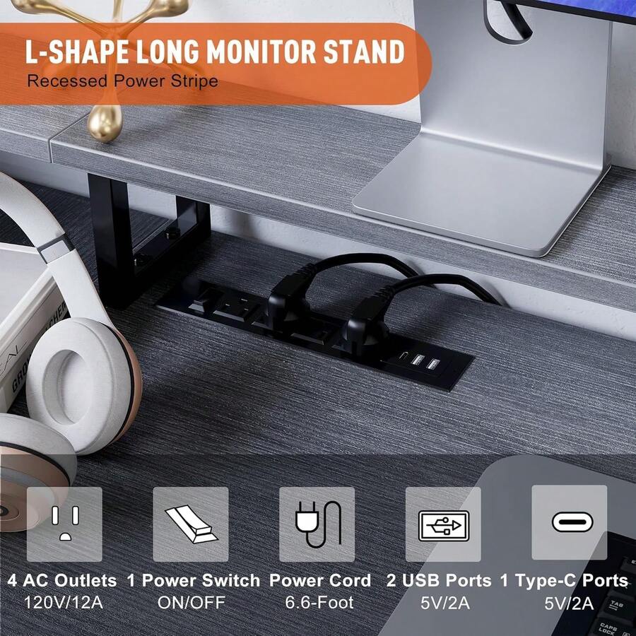 L-Shaped Reversible 76-Inch Textured Computer Desk With Filing Drawer For Home Office Or Corner Office, With Storage And Power Outlet, L-Shaped Computer Desk With Shelf - Grey - View 1