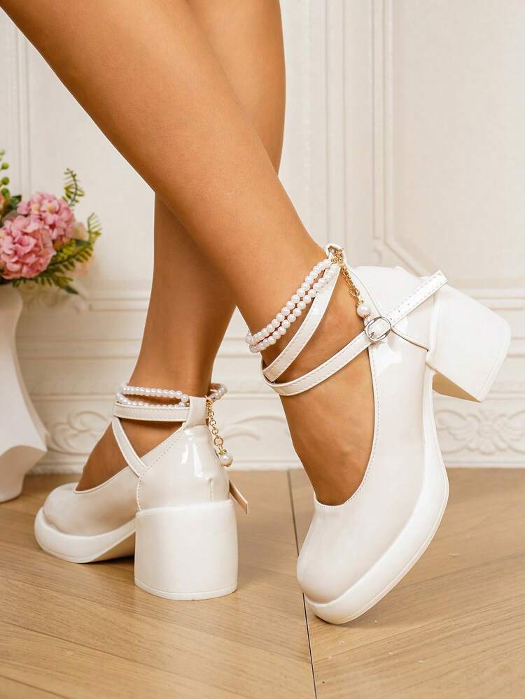 2025 New Women's High Heel Mary Jane Shoes, French Thick Heel Platform Oxfords With Rivets, Color Block Bow & Pearl Chain, Simple Campus Style - White - View 4