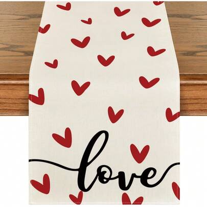 1pc Valentine's Day Table Runner, Red Heart Pattern, Suitable For Seasonal Family Gathering, Anniversary, Kitchen & Dining Table Decor