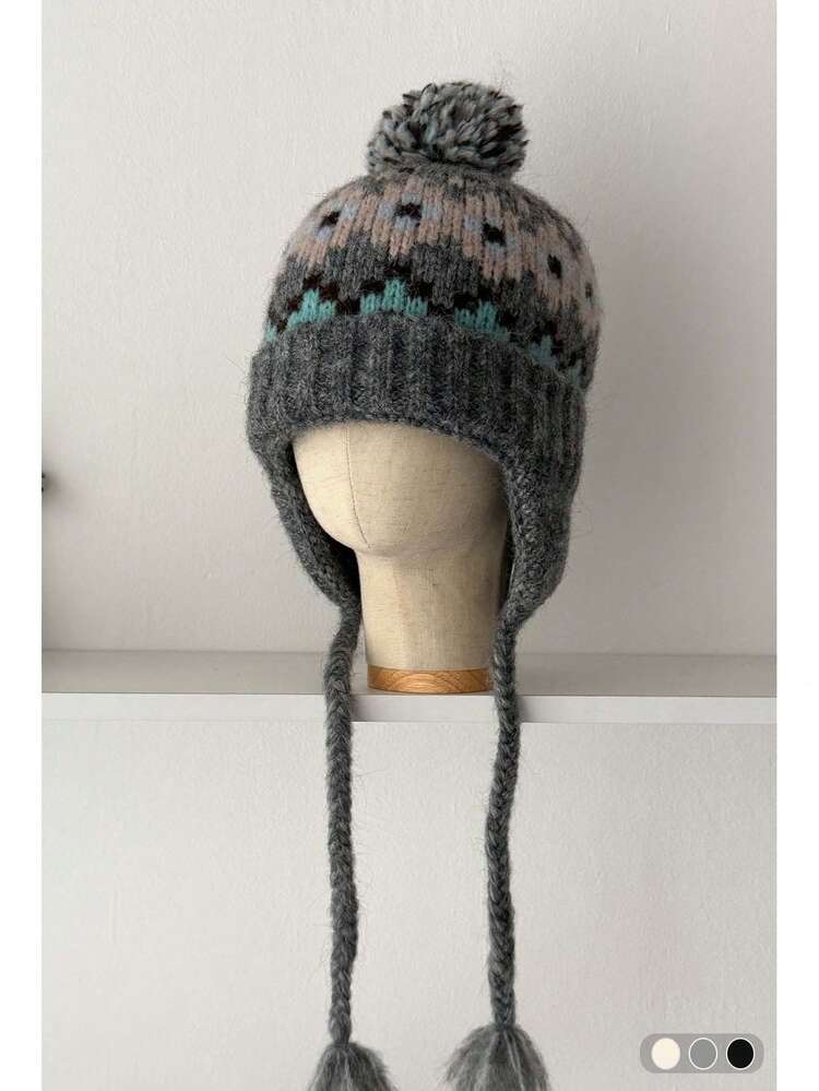 Fair Isle Pom Pom Knitted Beanie Hat For Women, Winter Cycling Warm Ear Protection Cap, Large Head Circumference Trapper Hat With Braids, New Autumn/Winter Windproof Warm Knitted Earflap Cap - Colorful Pom-pom Jacquard - View 4
