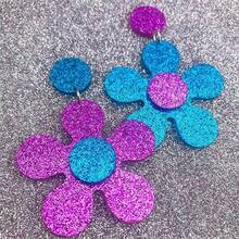 ONLYJUMP Vintage 60s 70s Flower Earrings - Colorful Floral Big Acrylic Daisy Dangle For Women - Lily Petals Hawaii Plant Statement Fashion Jewelry,GlitterBlueRoseRed - 閃亮藍玫瑰紅 - 查看 6