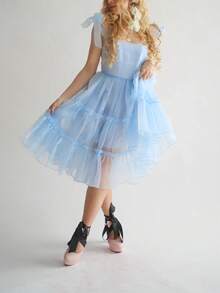 Tulle Prom Dresses Ruffled Trim Tie Back Sleeveless Long Formal Evening Dresses For Women A-Line Open Back Cocktail Ball Gown - 淺藍色 - 查看 3