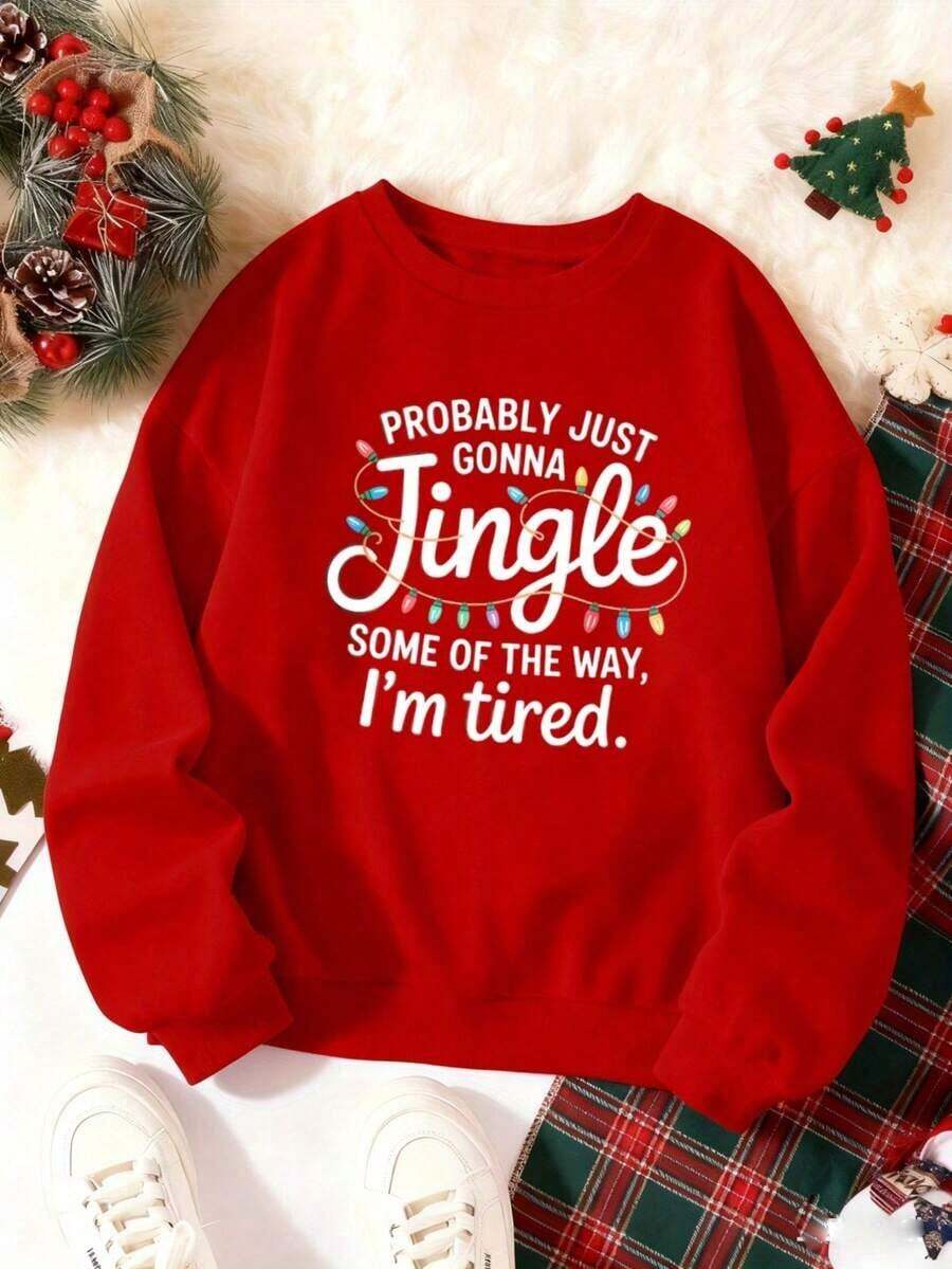 2026 Long Sleeve Tops Women1Pc Women's Funny Christmas Sweatshirt "Probably Gonna Jingle Some Of The Way" With Colorful Lights & Slogan - Red Crewneck Long Sleeve Winter Sweater, Cozy Holiday Party Fit, Xmas Gift Idea For Casual Wear Suitable For Wearing In All SeasonsLoose And Comfortablesudaderas Para Mujer Parke Sweatshirt - 紅色 - 查看 1
