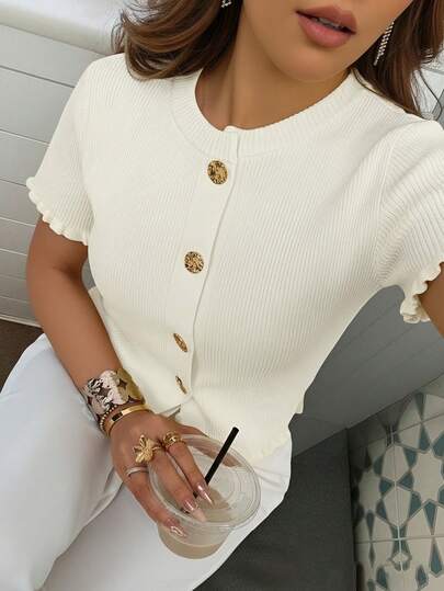 Damen Sommer Button Ohr Design beige Strick Top, eleganter lässiger kurzärmeliger Strickpullover, geeignet für Dates und täglichen Gebrauch Weiß