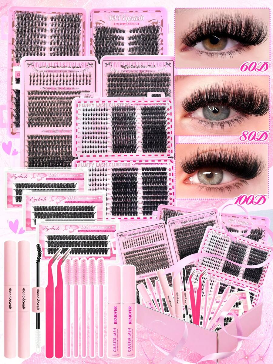 7pcs False Eyelashes Gift Set, D-Curl Lashes Of Different Lengths, Includes Glue/Remover/Brush/Tweezers. Super Thick Individual Lashes, Soft & Comfortable, Perfect Valentine's Gift, Suitable For DIY Home Use, Beginner-Friendly, Also For Professional Makeup Artists - 黑色 - 查看 1