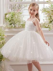 年轻女孩细肩带蝴蝶结串珠亮片网眼优雅白色公主裙，适合女孩的生日派对、晚会、婚礼、花童、节日庆典，所有季节 - 白色 - 查看 8