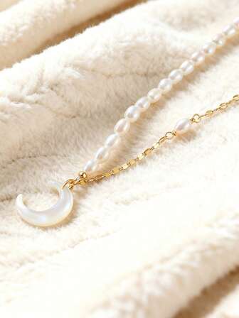 1 Piece High Quality 925 Silver 14k Gold Moon Shaped Freshwater Pearl Pendant Necklace Brilliant Jewelry For Women Wedding Party Banquet Gift 2025 Fashion Necklace