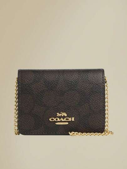Coach Mini cartera con cadena de cuero, bolso bandolera para mujer, bolso de hombro con solapa, bonito bolso cruzado con bolsillo exterior abierto.