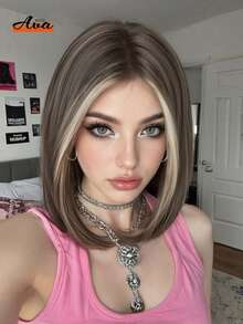 10 Inch Brown Ombre Short Wavy Wig, Dark Roots, Heat Resistant Synthetic Wig, Suitable For Women's Daily Wear, School, Music Festivals, Also Can Be Used As Graduation Or Holiday Gift, Exquisite Accessory - Brown - View 13