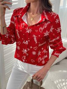 Camicia casual elegante da donna YFY, con stampa all-over di lettere per il Nuovo Anno, fiocchi di neve e cuori, con bottoni sul davanti e polsini con bottoni, in tessuto di maglia primaverile/autunnale, adatta per il Nuovo Anno, il Natale e le vacanze, in colore rosso