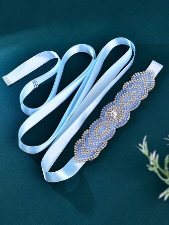 One Piece A Light Blue Rhinestone Bridal Belt, Paired With A Light Blue Ribbon, Is Colorful, Handmade, And A Perfect Wedding Accessory For Brides.