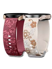2 Pcs Floral Engraved Band Compatible With Galaxy Watch 7/ FE/ 6/5/ 4/ Active 2 40mm 44mm/ 5 Pro 45mm/ Watch 6/4 Classic 43mm 47mm 42mm 46mm/Garmin Vivoactive 6/5/3/Venu/Venu Sq/Venu 2 Plus/Garmin Forerunner 55/165/645/245 Music Smart Watch Band Women, Flower Soft Silicone Sport Strap For 20mm Width Watch - 20mm - View 11