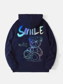 Zrgoth 男士连帽衫，新款秋冬街头风小熊及英文标语印花宽松袋鼠口袋套头卫衣 - 藏蓝色 - 查看 5