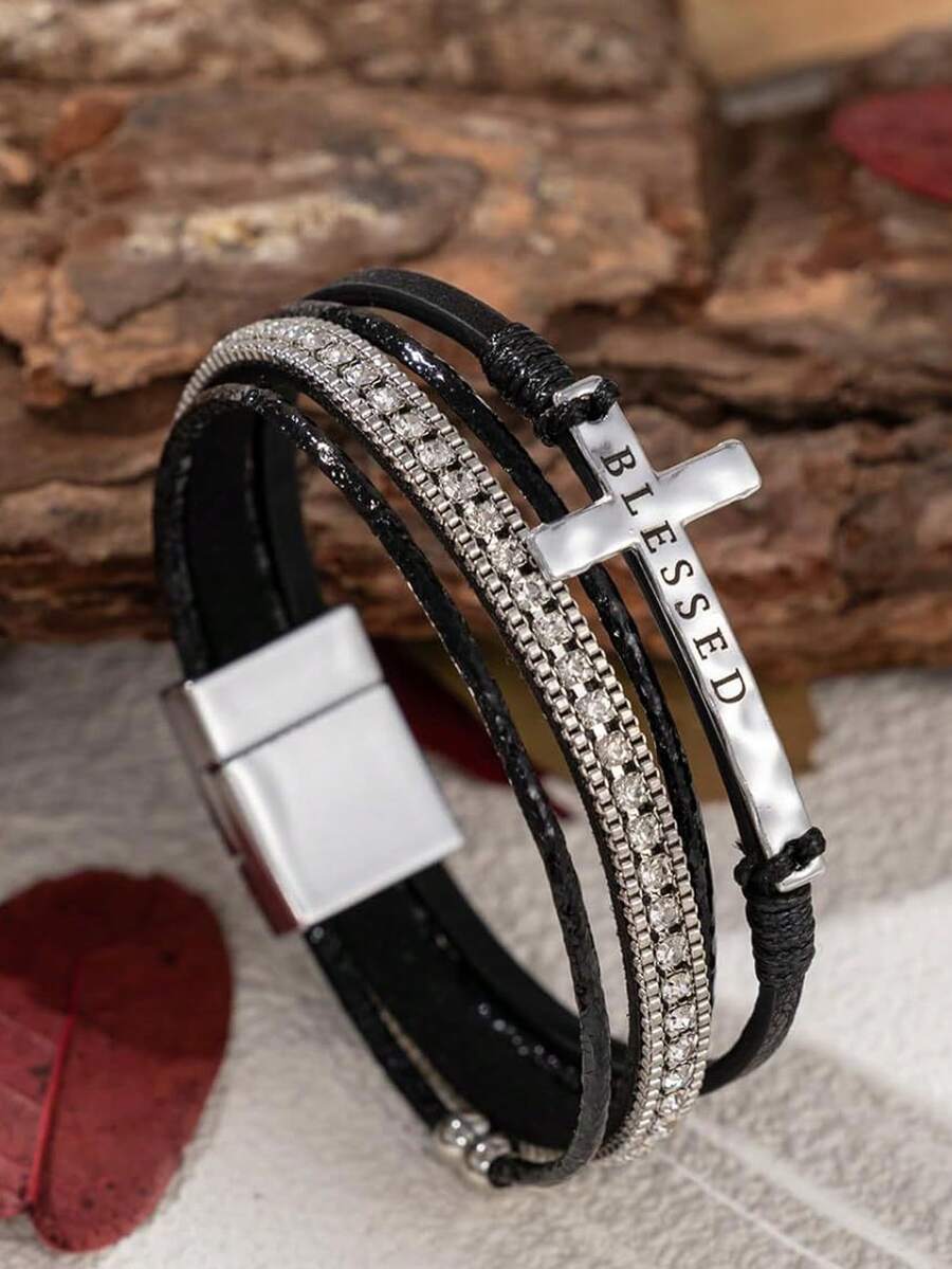 Vòng tay nữ phong cách Bohemian, chất liệu da PU hình chữ thập, thích hợp làm quà tặng, đeo khi đi làm và phối đồ thời trang. - màu đen - Xem 1