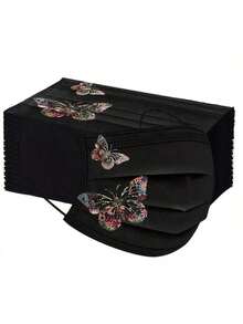 10 piezas Máscara facial de tela no tejida elegante y transpirable con estampado de mariposa negra, máscara protectora de moda para uso diario de mujeres - Multicolor - Ver 2