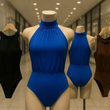 Elegant Halter Neck Bodysuit For Women, Sleeveless, Off-The-Shoulder Design With Fitted Waist Detail. - Blue - View 3
