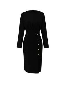 女士优雅长袖中长连衣裙，纽扣细节，侧开衩设计，纯色，适合家庭聚会、约会、通勤等各种场合 - 女士优雅春季连衣裙 - 黑色 - 查看 3