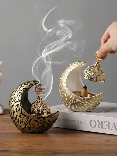 1个月牙形树脂香炉，适用于燃烧鼠尾草、圣木、倒流香锥和蜡烛，家居、客厅香薰装饰，理想礼品（黑色/金色）