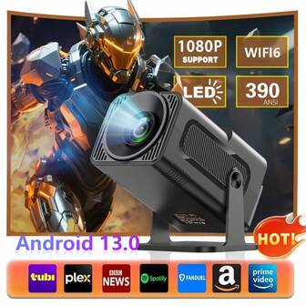 Proyector HY320mini, resolución nativa 1080P, compatible con conectividad inalámbrica Wi-Fi 6, brillo de 390 lúmenes, sistema Android 13, dispositivo de proyección inalámbrica 5.2, proyector de cine en casa, proyector portátil, proyector compacto | Regalo de Navidad, regalo festivo