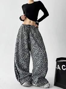 بنطلون رياضي أمريكي بطراز الشارع بنمط نمر مع شريط جانبي، للنساء خصر عالي فضفاض مريح واسع الساق، للربيع والخريف والشتاء، بجيوب لرقص الشارع، خصر مطاطي وساق مستقيمة