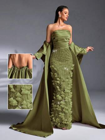 Ljusgrå 3D-bladpärlbroderad satin med axelbandslös lång kappa och sjöjungfru-lyxig aftonklänning