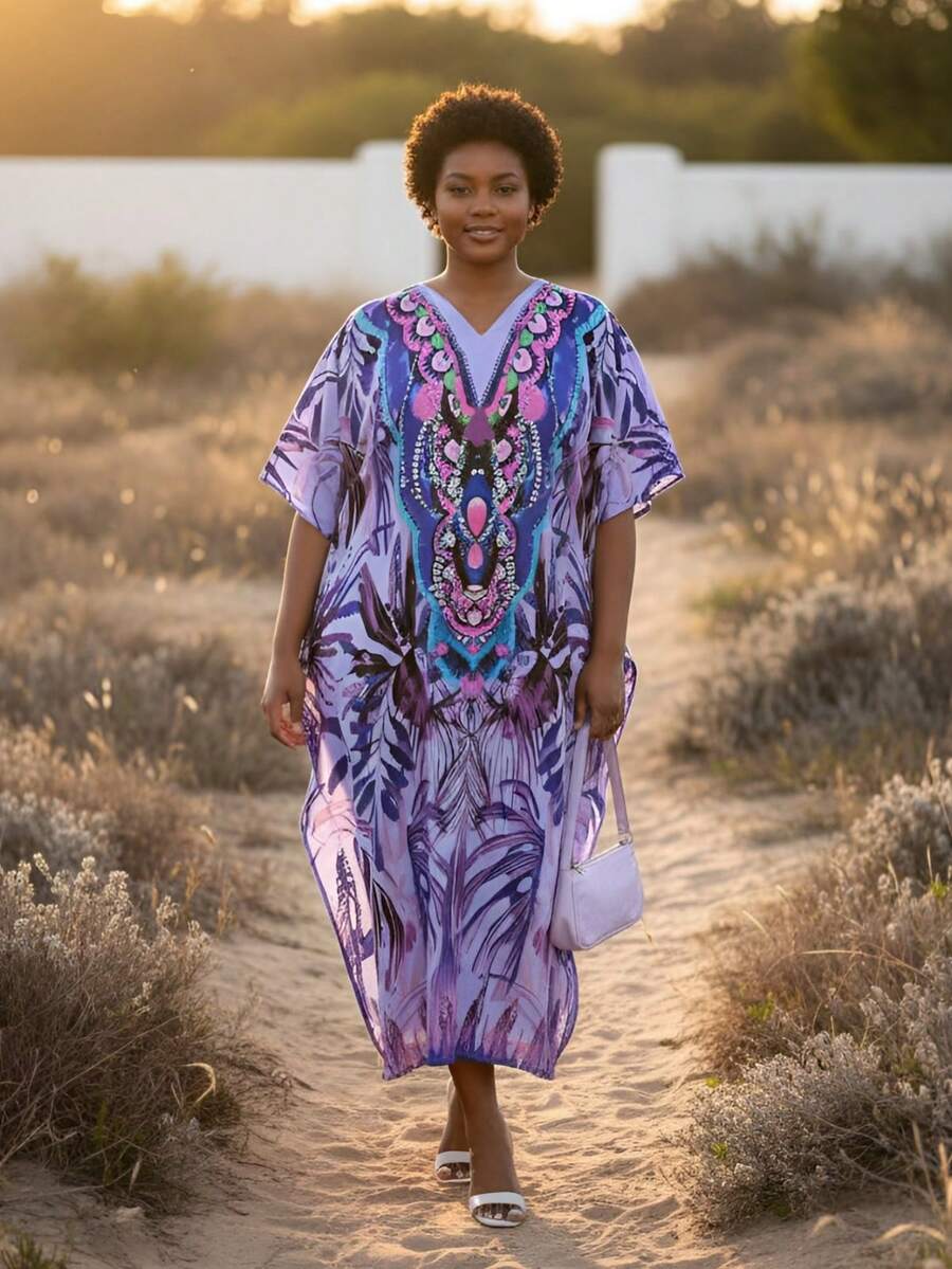 Gypsie Blu Kaftan Dress For Plus Size Women Loungewear Nightdress Summer Night Gown Maxi Length Caftan - 淺綠色 - 查看 1