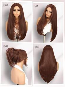 长款层次直发Yaki假发，中分无刘海，无需胶水，预先剪裁，即戴即走，高密度耐热纤维，无蕾丝，适合女性日常或派对佩戴，26英寸长（铜姜色） - 挑染金色 - 查看 6