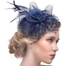 Fascinators Hat Flower Mesh Ribbons Feathers On A Headband And A Clip Tea Party Headwear For Girls And Women, Hair Band, Hair Hoop - Navy - View 4