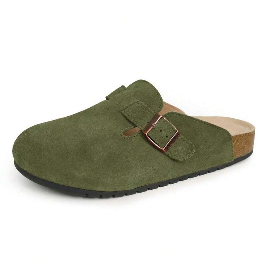 EVELLYHOOTD Women Men Genuine Suede Round Toe Cork Footbed Clogs Potato Shoes Slide Outdoor Gym Shoes With Arch Support Flat Clogs Retro Fashion Walking Shoes Slippers [Wide Feet PLS SIZE UP ] - 綠色 - 查看 1