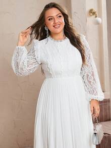 Simplee Robe maxi élégante à volants en dentelle contrastée pour femmes grandes tailles, nouvelle collection printemps. Convient pour les fêtes de Noël et du Nouvel An