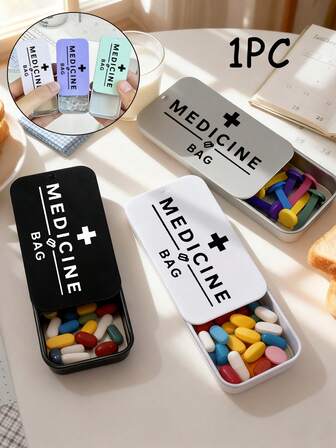 Caja de píldoras de metal mini, diseño de tapa deslizante de moda, estuche de píldoras con impresión de letras, contenedor portátil a prueba de humedad para píldoras, adecuado para llevar, recipiente de almacenamiento de tabletas, pastillero semanal, dispensador de medicamentos, pastillero diario, organizador de pastillas de viaje semanal portátil, dispensador de pastillas para billetera para vitaminas y aceite de pescado, esencial para viajes, adecuado para viajes, ir y venir, uso en el campus, regalos de Año Nuevo e intercambio de regalos de fiesta