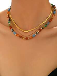 3pcs/Set Bohemian High-End Natural Stone & Stainless Steel Snake Bone Chain Necklace Set, Suitable For Dates, Parties, Vacations - Multicolor - View 2