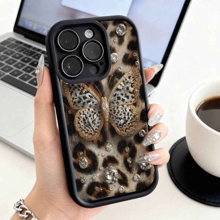 Funda de Teléfono Diseño de Mariposa con Estampado de Leopardo y Rhinestones para iPhone 14 Pro Max 13 12 11 Plus  Galaxy S23 S22 S21 Ultra Note 20 Funda de Protección para Teléfono Regalo de Pareja para Novio Novia Día de San Valentín Regalo de Cumpleaños - Blanco - Ver 1