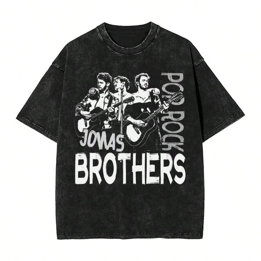 Streetwear Washed T Shirt Jonas Brother Cotton T-Shirts Music  Fashion Tee Shirt For Men Summer Y2K Funny Casual Tees - 黑色 - 查看 1