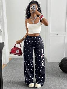 Pantalones de pierna ancha con estampado de estrella americana para mujeres, pantalones casuales de cintura alta estilizantes con estampado de letra LOVE en todo el diseño, para primavera/verano - Negro - Ver 2