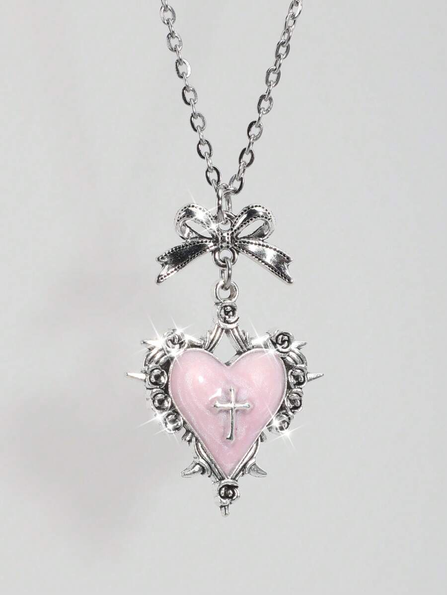 Gothic Y2K Subculture Black Heart Bow Thorn Flower Cross Heart Pendant Necklace, Unique Design Choker Necklace - Pink - View 1