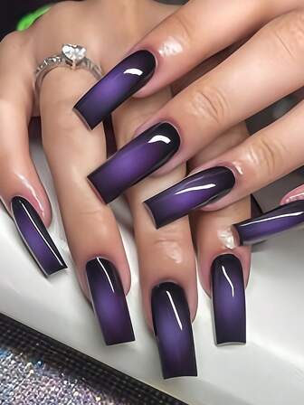 Transform Your Nails With 24pcs Medium Square Shape Press On Nails Kit Mysterious And Elegant Y2K-Style Purple-Gradient Black Nails, Dark Punk-Style Black-Purple Gradient Ombre Purple Nails Full Coverage Fake Nail Tips For Women And Girls Includes 1sheet Adhesive Tabs & 1pc Mini Fils Strip Jelly Gel Random Shipment