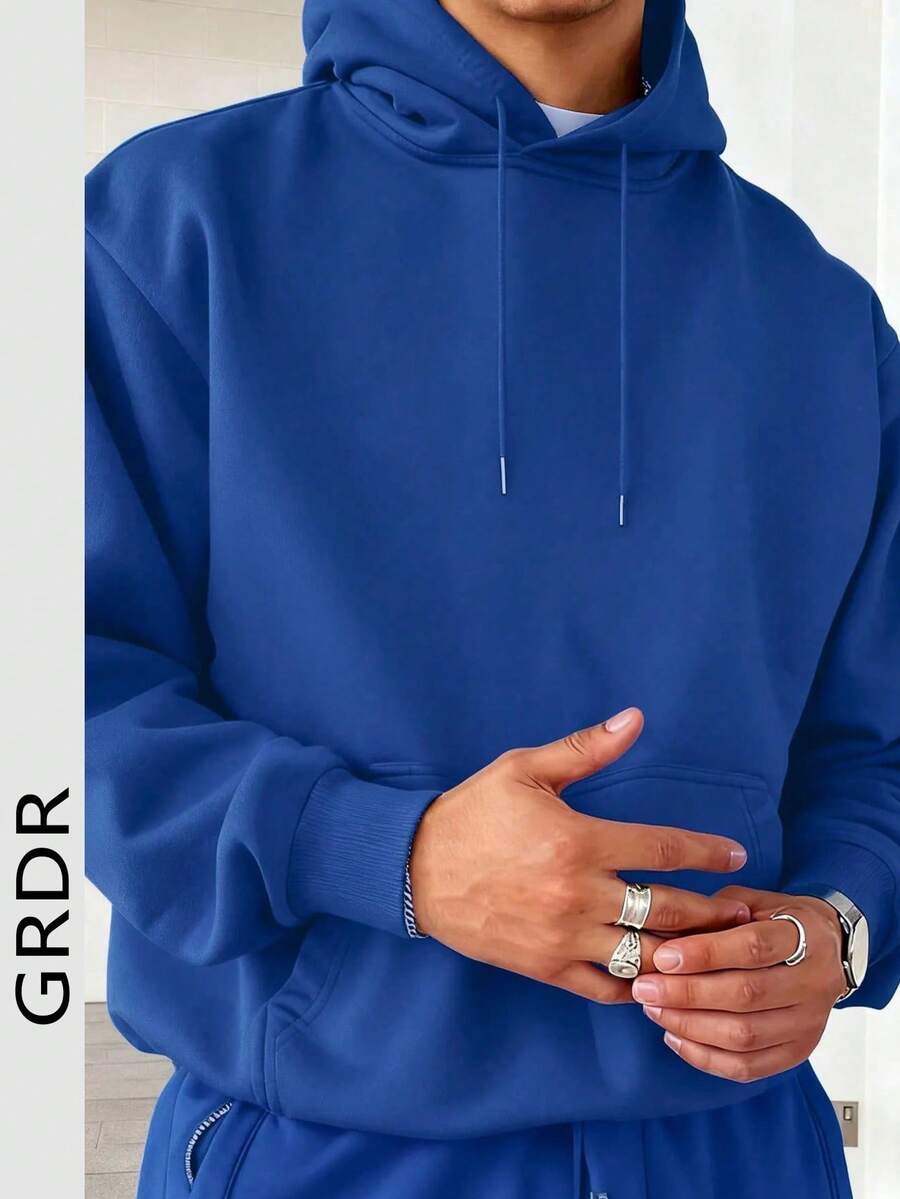 GRDR Men's Casual Street Hooded Sweatshirt, Solid Color With Thermal Lining, Loose Fit, Autumn/Winter