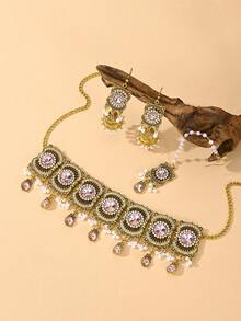 4pcs/Set Vintage Palace Style Purple Jewelry Set, Including Faux Pearl Headpiece, Rhinestone Necklace And Earrings, Suitable For Women's Party Or Wedding, Also An Ideal Valentine's Day Gift - 水滴型幾何項鍊4件套 - 查看 12