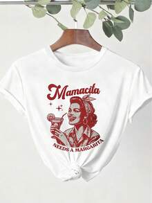 夏季上衣，女士夏季复古“Mamacita Needs Margarita”图案短袖圆领休闲T恤，印花T恤，夏季上衣，女士夏季款，夏季，印花T恤，女士上衣 - 白色 - 查看 4