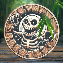 2D Flat Surface, 8inch Bohemian Gothic Style Round Wooden Wall Decoration - 2D Flat Skull And Skeleton Hand Design With Smiling Skull And Broken Moon Face - Black Gold Retro Artificial Wood Board - Pre-Drilled Easy Hanging - Lightweight, 2D Flat Surface, Party Decoration, Dark Decoration, Retro Aesthetics, Lightweight Decoration, Durable Material, Gothic Artwork, Gothic Enthusiasts, Halloween Enthusiasts - 8*8 Inches - View 1