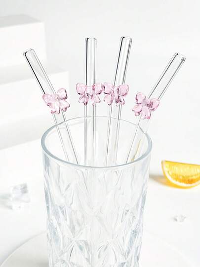 1/2/4/8Pcs Cute Pink Bow/Bowknot Stuff Glass Drinking Straws,For Water Cup,Reusable Bent Clear Thick Glass Straw Cutlery Set,For Kitchen Accessories,Straw Topper,Cold Drinks,Milk Tea,Coffee,Juice,Smoothies,Home,Restaurants,Cocktail Parties,Back To School,Funny Gifts For Girlfriends/Boyfriends,Parents,Friends,Holiday Supplies.New Year, Valentine's Day.