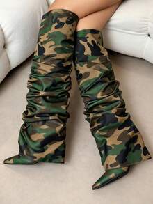 Y2K Style Women's Fold Over Boots Slouch Knee High Boots For Women Wedge Heel Pointed Toe Tall Boot, Wide Calf, Pull-On Shark Boots - 軍綠色 - 查看 4