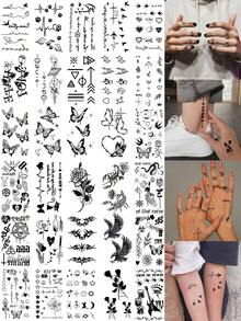 (Set de 30 unidades) Tatuajes temporales negros para hombres y mujeres. Resistentes al agua y no reflectantes. Diseños de mariposas, corazones, símbolos musicales y águilas. Aptos para dedos, cuello, detrás de las orejas y tobillos. Ideales para la playa, fiestas, festivales, espectáculos y uso diario. - Negro - Ver 2