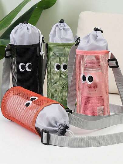 1pc Cute Big Eye Drawstring Closure Water Bottle Bag, Shoulder Crossbody Mesh Cup Holder