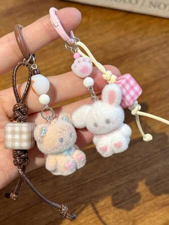 1pc Cute Rabbit & Bear Flocked Pendant, Versatile Bag, Camera, Keychain, Phone Strap Accessory