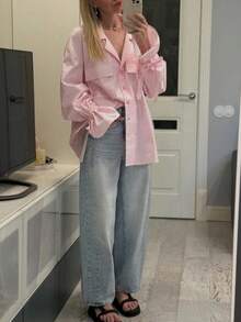 Solstice Apparel 粉白细条纹领带喇叭袖翻领衬衫，宽松中长款上衣，甜美温柔风格，适合日常通勤、约会和野餐，春夏必备单品 - 粉色 - 查看 5