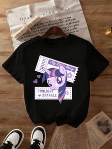 [ma baoli] camiseta de verano para niñas - estampado de dibujos animados de pony púrpura - Lindo estilo suéter estampado de cuello redondo para niños, con tejidos blandos de poliéster, adecuado para niñas de verano, envíos de tiendas locales, ropa de verano para niñas de estilo dibujos animados, adecuado para uso diario, fiestas de cumpleaños, atracciones turísticas al aire libre. - Negro - Ver 2