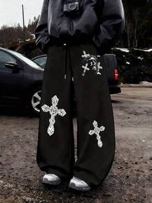 Japanese Dragon Style Samurai Sweatpants, Loose Fit, No Cuffs, With Pockets - 黑色 - 查看 3